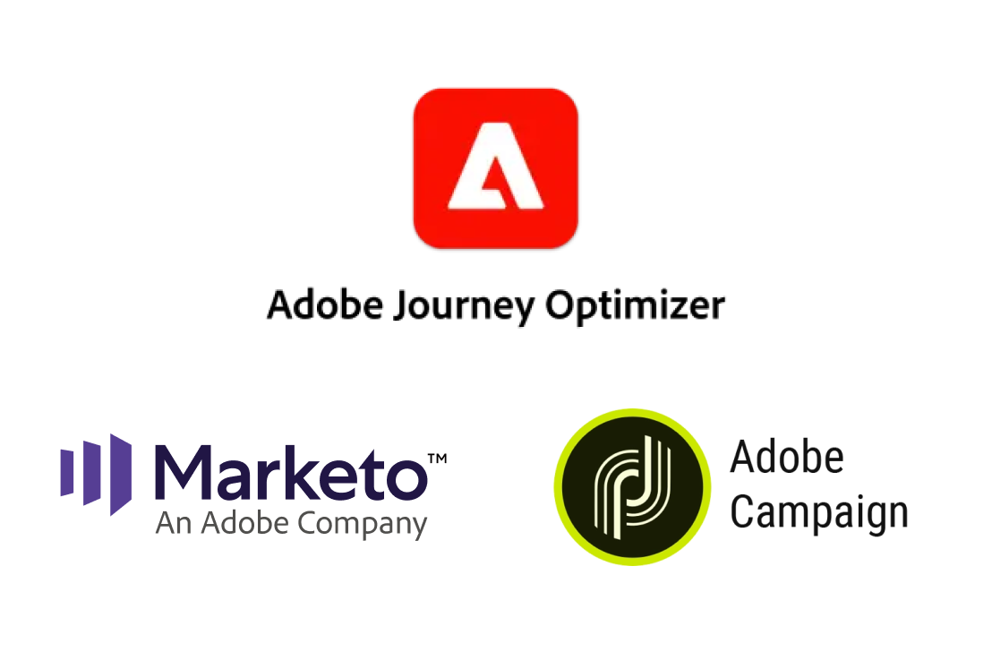 Adobe Journey Optimizer, Marketo, Adobe Campaign logos